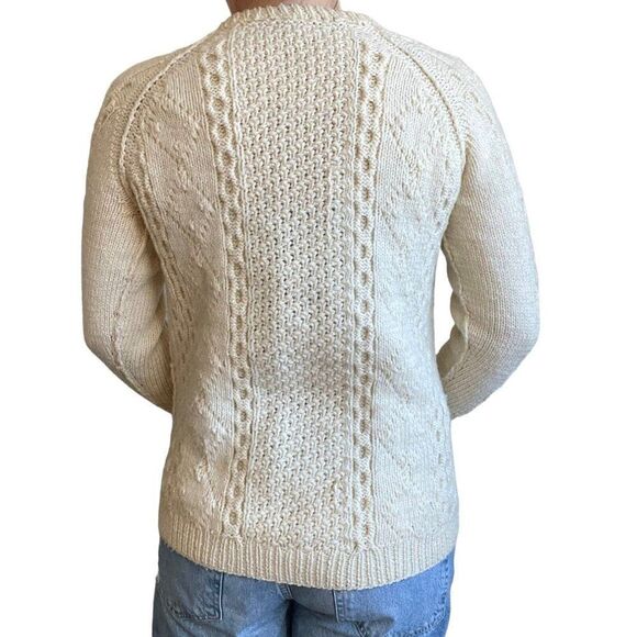 Vintage Womens Hand Knit 100% Wool Chunky Fisherman Crewneck White Sweater Sz M - Picture 3 of 8
